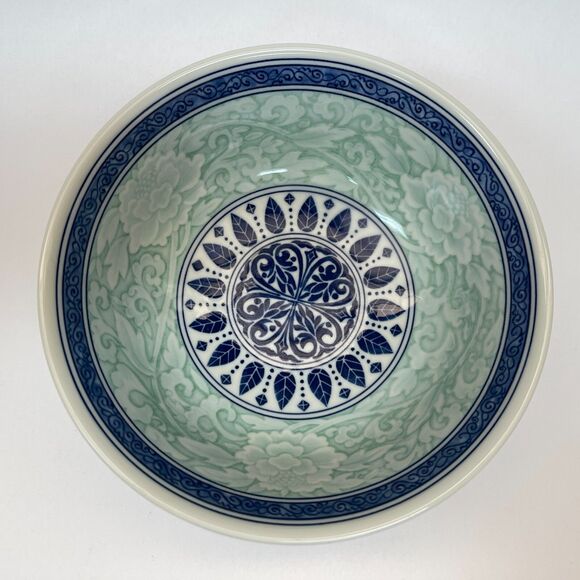 Asian Serving Bowl White Blue Green Floral Flowers Leaves 8 3/8" x 3 3/8" high - Picture 3 of 10